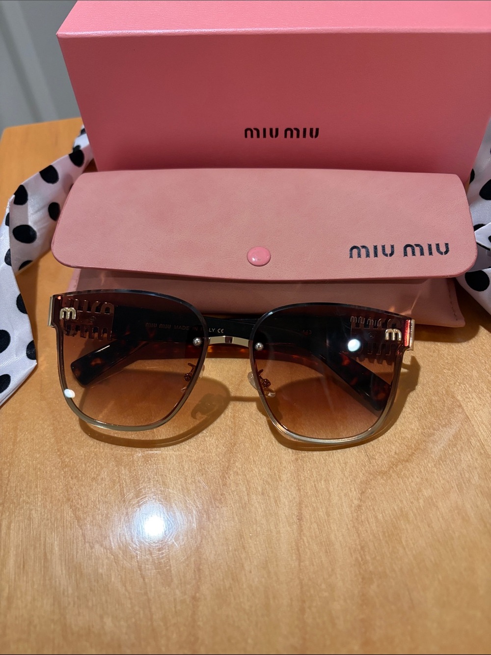 Miu Miu Tortoiseshell Gradient Square Sunglasses with Pink Case